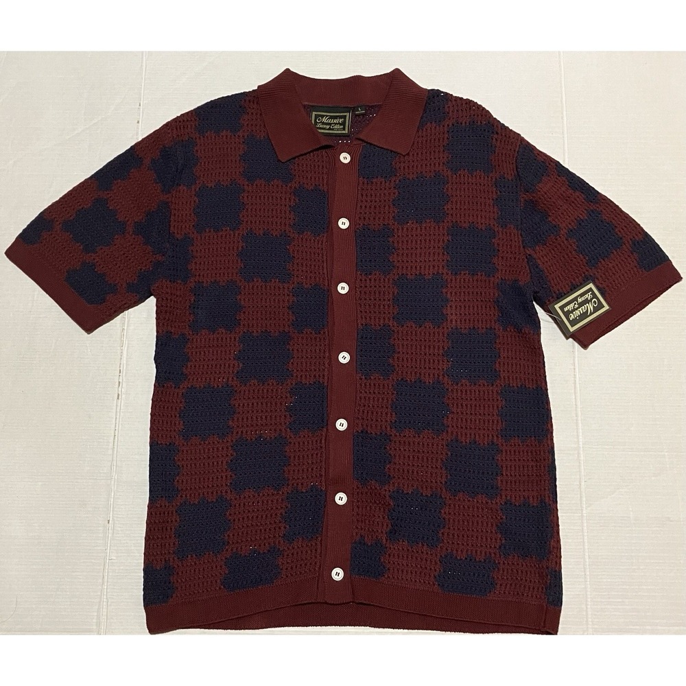 NWT Massive Luxury Edition Crochet Knitted Shirt Maroon Size Large Cotton Check